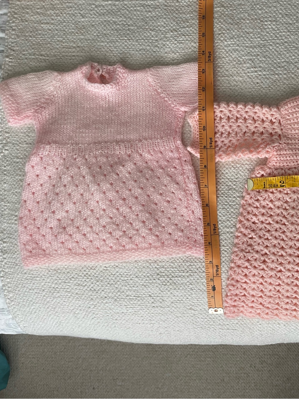Vintage doll’s dresses. Handmade. Soft yarn.